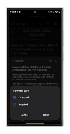 Screenshot of the AI functions in the Samsung browser