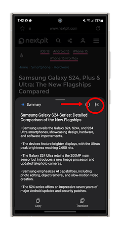 Capture d'écran des fonctions d'IA dans le navigateur Samsung