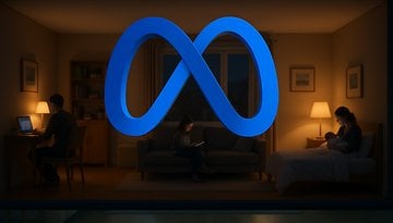 Ein blauer Unendlichkeitssymbol, das Meta darstellt, mit zwei Personen, die zu Hause in einem gemütlichen Ambiente Geräte verwenden.