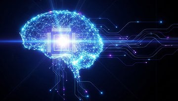 A glowing digital brain with circuit patterns, symbolizing artificial intelligence and technology.