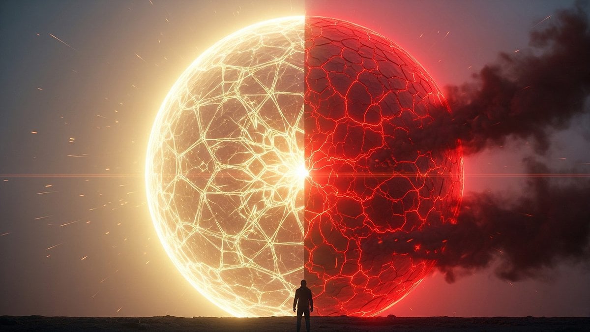 Une grande sphère divisée en deux, jaune éclatant d'un côté et rouge avec de la fumée de l'autre, avec la silhouette d'une personne.