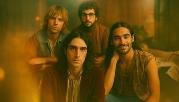 Portrait de groupe de quatre musiciens, avec une esthétique vintage chaleureuse.