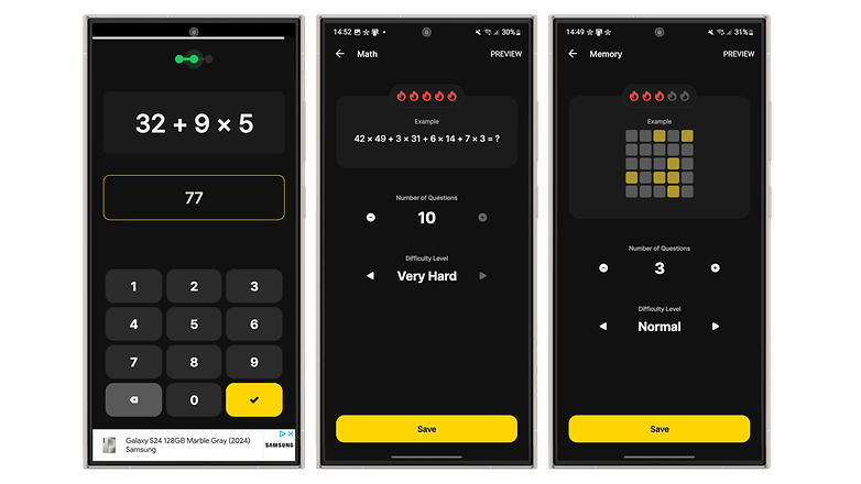 Tiga skrin telefon pintar memaparkan aplikasi kuiz matematik dan memori dengan contoh dan tetapan kesukaran.