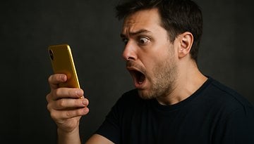 Ein Mann mit einem erschrockenen Gesichtsausdruck schaut auf sein goldenes Smartphone.