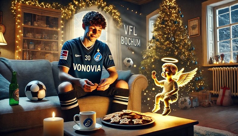 A young man in a VFL Bochum jersey sits on a couch with a Christmas tree, holding a phone and smiling.