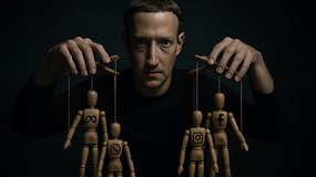 Mark Zuckerberg hält Puppenfiguren, die Facebook, Instagram, WhatsApp und Meta darstellen.