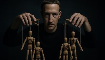 Mark Zuckerberg hält Puppenfiguren, die Facebook, Instagram, WhatsApp und Meta darstellen.