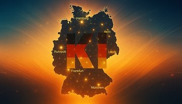 Deutschlandkarte mit 'KI' prominent dargestellt und wichtigen Städten beschriftet.
