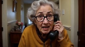 An AI-created granny talking on an old-fashioned phone