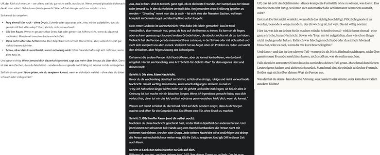 Text diskutiert Kommunikation, Freundschaft und den Umgang mit Missverständnissen.