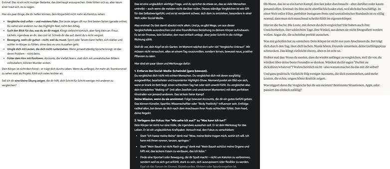 Text, das Körperbild, Vergleiche und Selbstakzeptanz im Kontext sozialer Medien diskutiert.