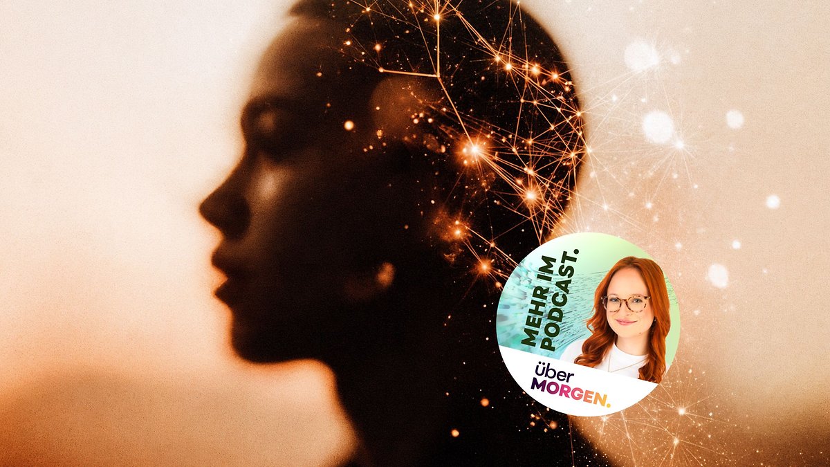 Silhouette einer Person mit abstrakten Lichtmustern, die Johanna und das überMORGEN-Logo und Text zeigt.