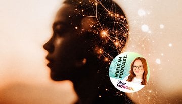 Silhouette einer Person mit abstrakten Lichtmustern, die Johanna und das überMORGEN-Logo und Text zeigt.