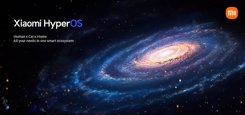 Das HyperOS-Logo, im Hintergrund eine Galaxie.