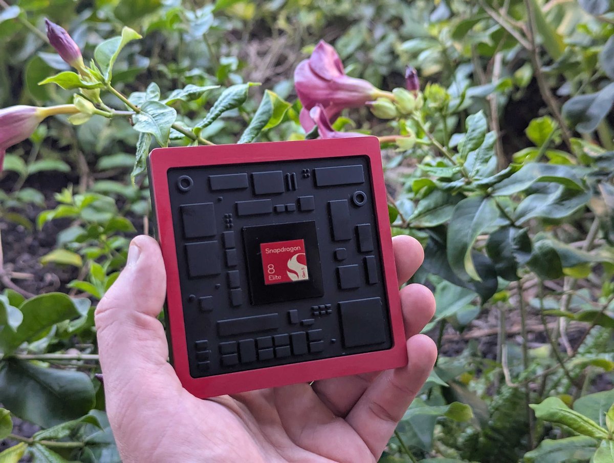 Una persona sosteniendo un chip Qualcomm Snapdragon 8 Elite Gen 5 rodeado de vegetación.