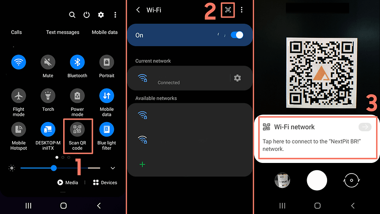 Screenshots, die zeigen, wie man QR-Codes auf einem Samsung-Handy scannt.
