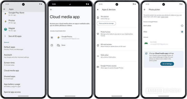 Screenshots showing Google Photos cloud storage access for apps.