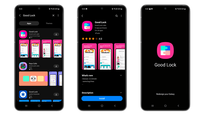 Samsung Good Lock app listing screenshots on the Galaxy Store