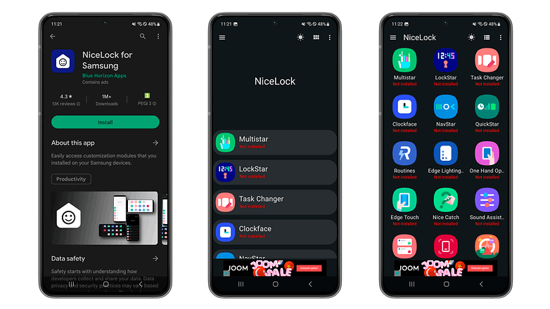 NiceLock screenshots on the Google Play Store and its main screen