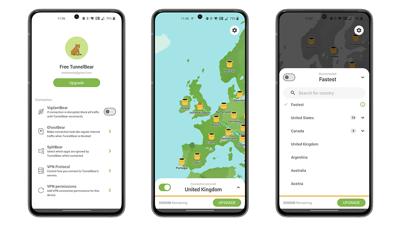 Captures d'écran de l'application TunnelBear