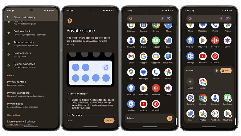Screenshots showing Android 15's new protected space for private apps