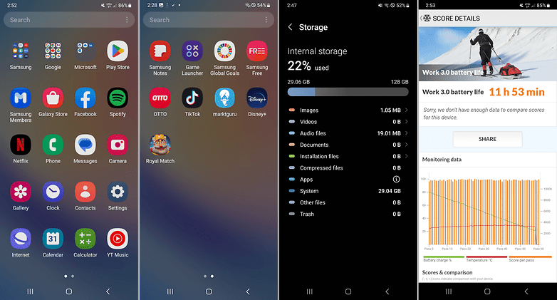 Screenshots von One UI und Benchmark-Tests auf dem Galaxy A34