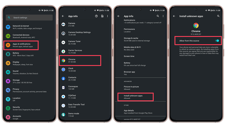 Screenshots on how to allow installing apps from third-party sources