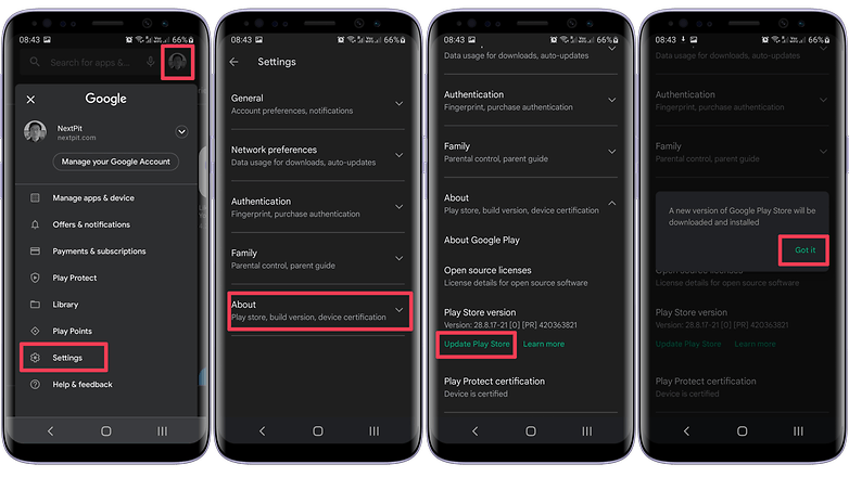 Screenshots showing how to update the Google Play Store on the app itself