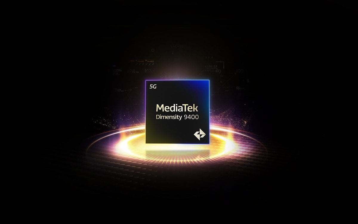 Processeur MediaTek Dimensity 9400 avec logo 5G sur un fond lumineux.