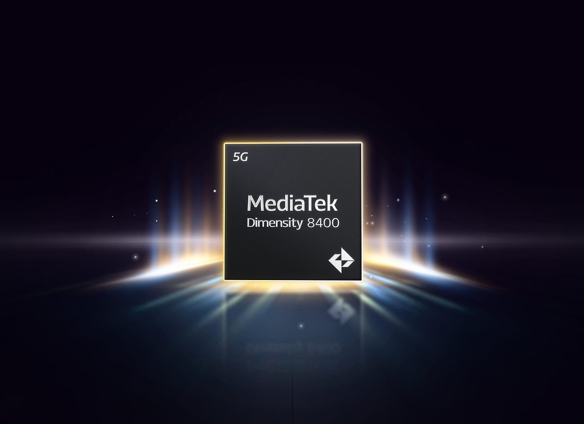 Logo MediaTek Dimensity 8400 avec symbole 5G, sur fond sombre avec effets de lumière.