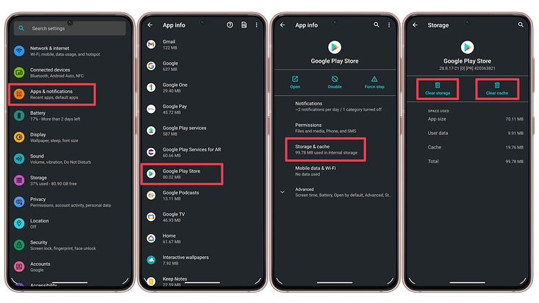 Screenshots showing how to clean an app's cache storage on Android.