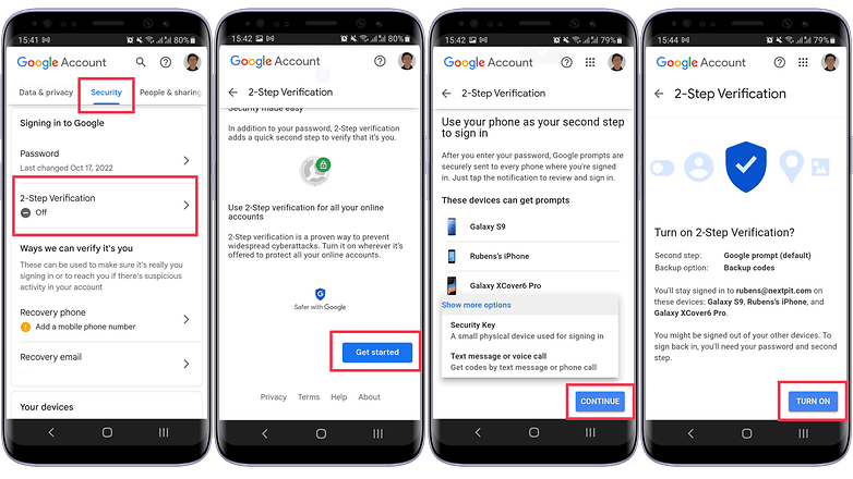 Steps to activate two-factor authentication on a Google account.