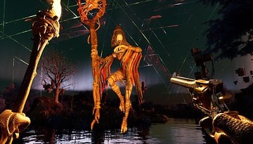 A character with a staff and a gun stands by a dark water body, surrounded by trees and a surreal landscape.