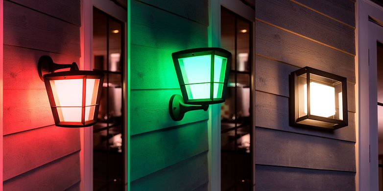 Porch lights can also be customized using the Hue app Philips Hue wall fixtures