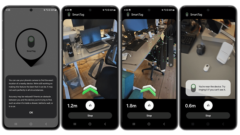 Screenshots showing the augmented reality (AR) feature to locate a SmartTag 2 object tracker