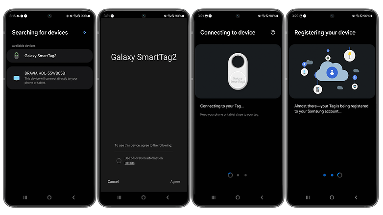 Screenshots from the pairing steps for the Galaxy SmartTag 2 tracker