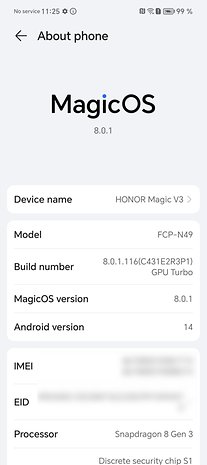 Honor Magic V3 screenshot showing the About device page