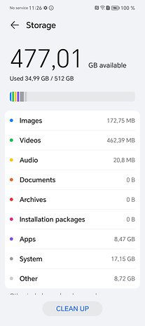 Honor Magic V3 screenshot showing the Storage settings, with 34.99 GB of used space out of the 512 GB.