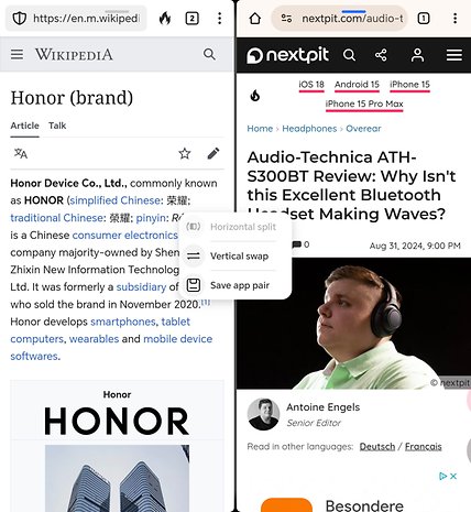 Honor Magic V3 screenshot showing two apps opened side-by-side.