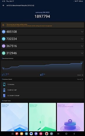 Screenshot mit Benchmark-Ergebnissen des Samsung Galaxy Tab S10+ Tablets.