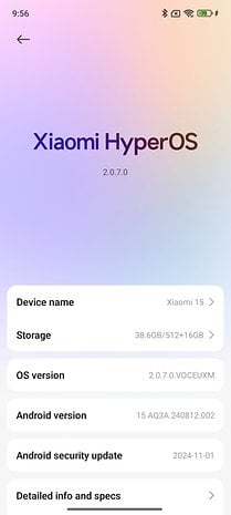 Xiaomi HyperOS-Version 2.0.7.0 auf Xiaomi 15, zeigt Geräte- und Speicherdetails, Android-Version und Sicherheitsupdate.