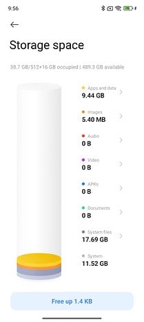 Speicherplatzanzeige zeigt 38,7 GB von 512 + 16 GB verwendet, mit Details zu Apps, Bildern und Systemdateien.