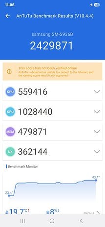 AnTuTu-Benchmark-Ergebnisse für Samsung Galaxy S25 Plus, Punktzahl: 2429871, CPU: 559416, GPU: 1028440.