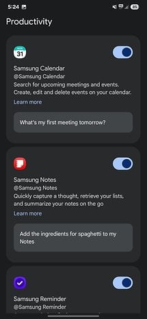 Recursos do Calendário, Notas e Lembrete da Samsung exibidos em uma interface de aplicativo de produtividade.