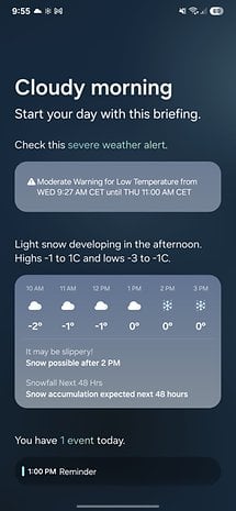 Weather briefing showing cloudy morning, temperature warnings, and snow forecast for today.