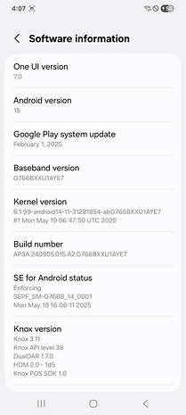 Samsung Galaxy XCover 7 Pro software information screen displaying version details.