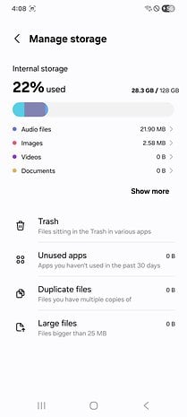 Samsung Galaxy XCover 7 Pro storage management screen showing 22% used of 128 GB.