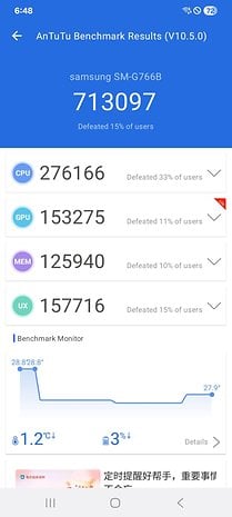 AnTuTu Benchmark Results for Samsung Galaxy XCover 7 Pro, score: 713097.
