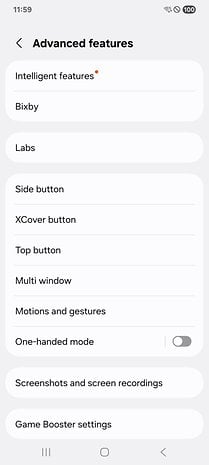 Samsung Galaxy XCover 7 Pro settings menu showing advanced features and shortcut button options.