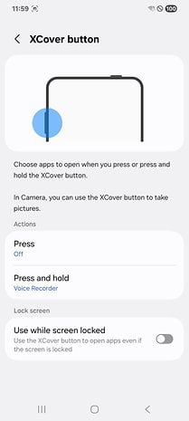 Samsung Galaxy XCover 7 Pro settings for XCover button actions and lock screen usage.